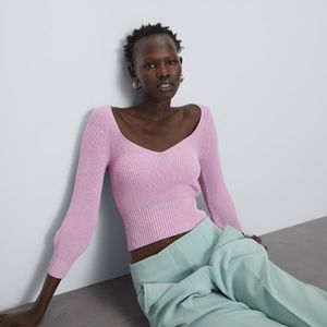 Zara pink cropped sweater with sweetheart neckline